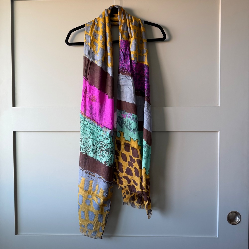 Scarf Women OS Multicolor Abstract Print Frayed Edge Viscose Wrap Scarf Artistic
